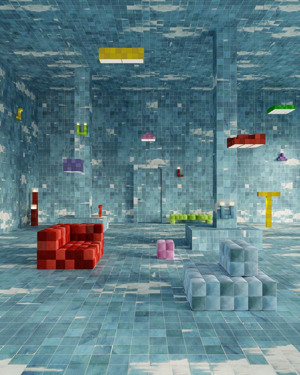 A room tiled floor to ceiling in blue tiles printed with clouds, furnished with sofas, a bench and lamps built from red, green, yellow and purple blocks