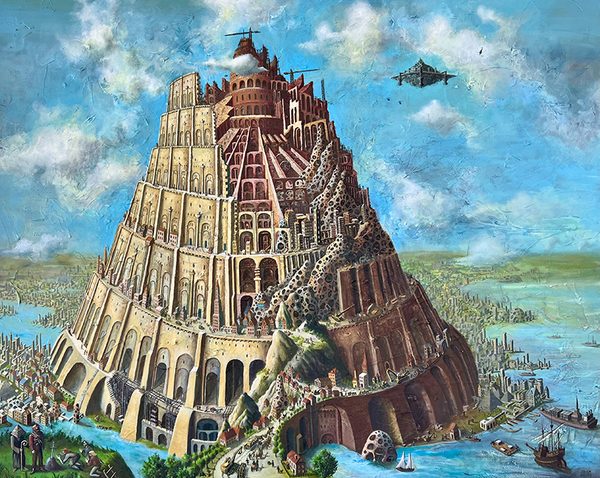 Tower of Babel by Artem Mirolevich: a towering spiral city of arches and windows rises from the water under a blue sky, with airships and small boats around it
