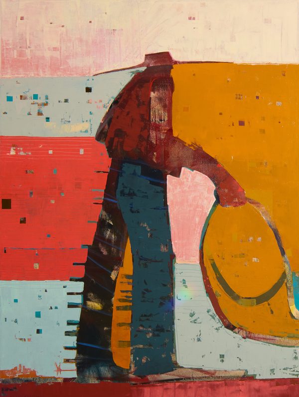 Starseed Ranchero by Sherri Belassen: a figure in a wide hat holding a coiled rope, broken up by bands of orange, red, pink and pale blue