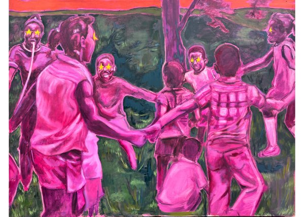 In There Somewhere by Destiny Branay: a painting in vivid magenta of children holding hands in a circle on a grassy field under a red sky, their eyes painted as yellow stars