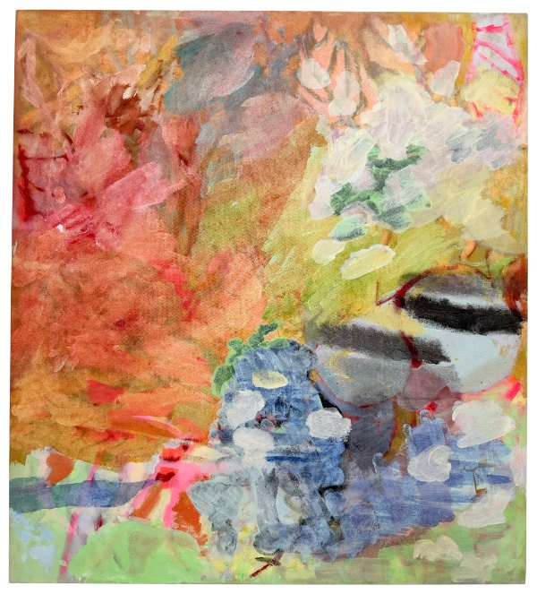 Exhausted From All That Living by Abi Box: a loose, layered painting in washes of coral, ochre, pink and lilac, with a reclining figure in blue and grey across the lower half