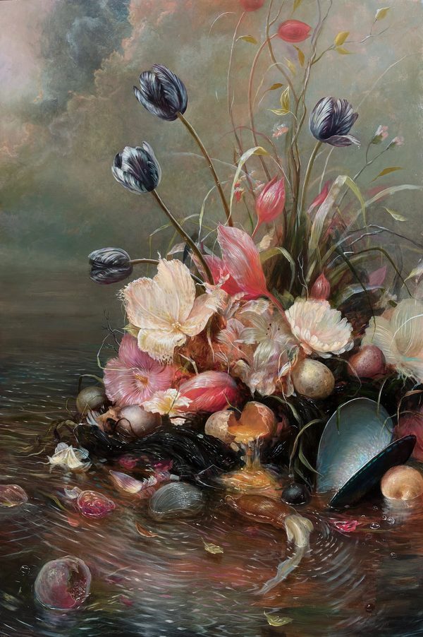 Spill by Karl Orion: a painting of a lush bouquet of pale flowers, shells and dark tulips spilling into still water under a cloudy sky