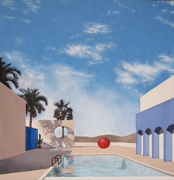 Balloon In Suspension by Morski: a red balloon floats above a swimming pool in a sunlit courtyard with palm trees, blue arches and a pale sky