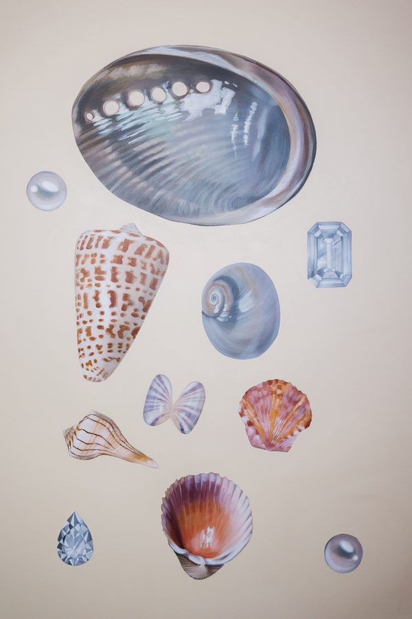 Collection No.1 by Jessie Pérez: a painting of seashells, pearls and a cut gemstone spaced out on a pale ground