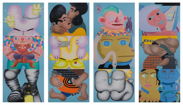 Exquisite Corpse, in collaboration with 16 artists: four tall panels of bright, cartoon-like figures, each built from mismatched sections stacked head to feet against pale blue