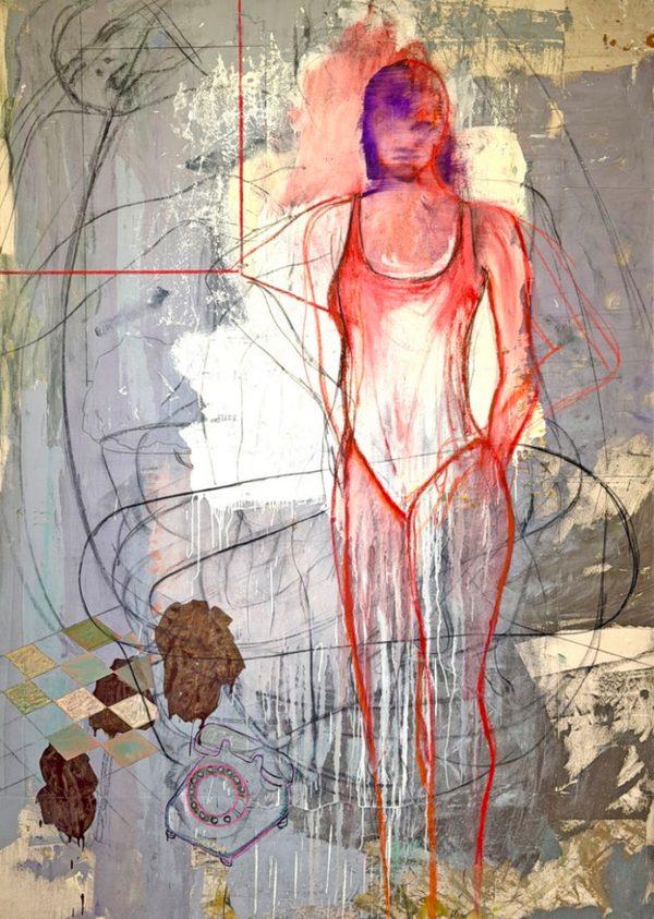 Stoic by Lautaro Cuttica: a standing female figure drawn in red line over grey washes, scribbled circles and patches of brown
