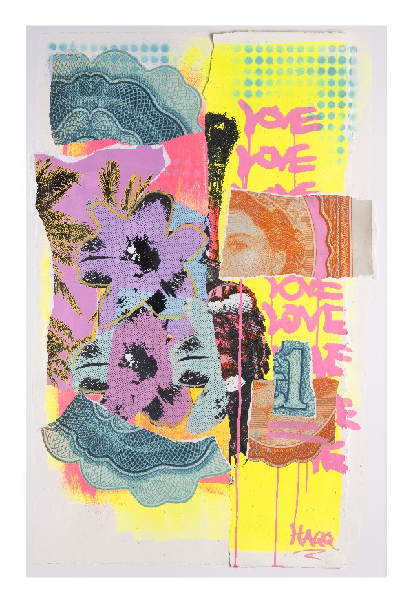 Love$ by Nhuri Bashir: a collage of banknote fragments, pink and yellow paint, blue patterned waves and repeated “LOVE” lettering around a cut-out portrait