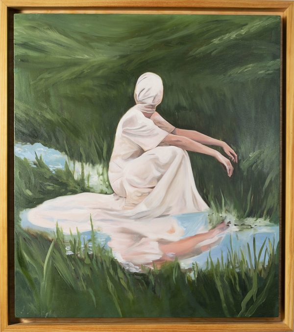 Cul-de-sac by Citlali Haro: a figure in a long white dress, head wrapped in white cloth, kneels in tall grass beside a pool that reflects their legs