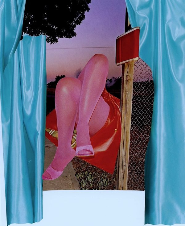 Soft Exit by Tracy von Ahsen: a collage of legs in pink stockings and a red dress reclining in a window framed by turquoise satin curtains, with a chain-link fence and dusk sky behind