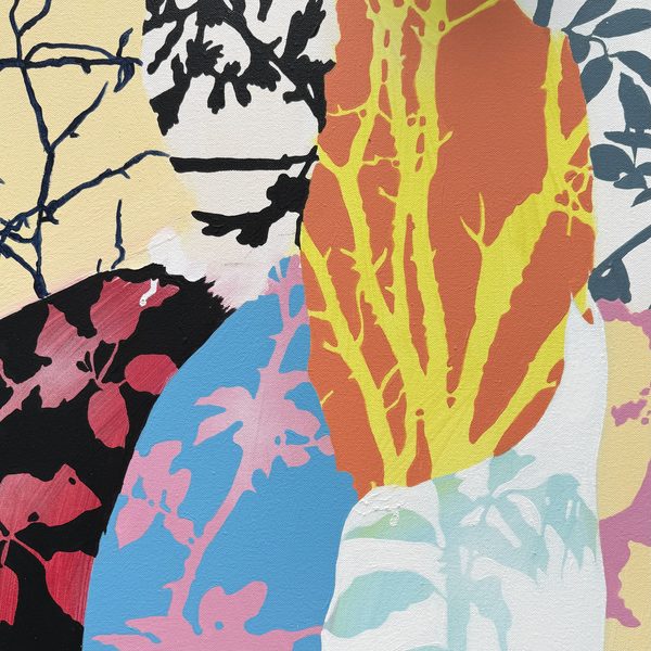 Untitled by Dan Baldwin: overlapping silhouettes of leaves and branches in orange, yellow, pink, light blue and black