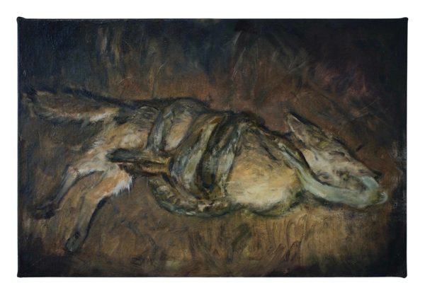 Psychomachia: Concordia y Discordia by Alejandra Jiménez: a dark painting of a coyote lying on its side with a snake coiled around its body