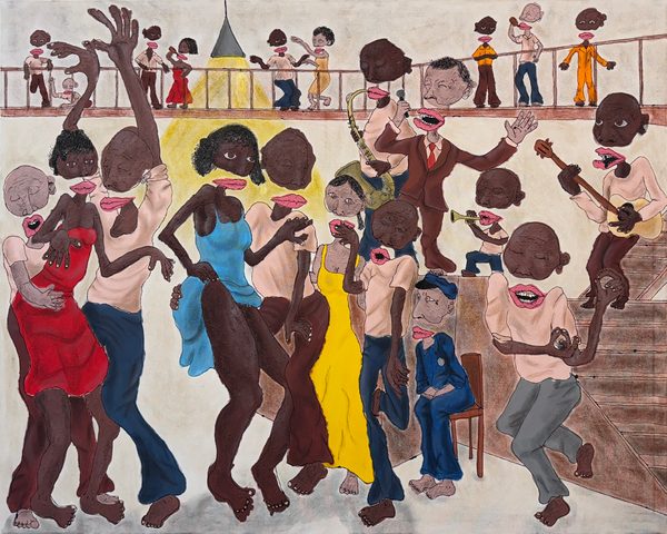 The Udo Sugar Shack by Chidiebere “Udo” Udogwu: a painting of a crowded dance hall, couples dancing below a balcony of onlookers