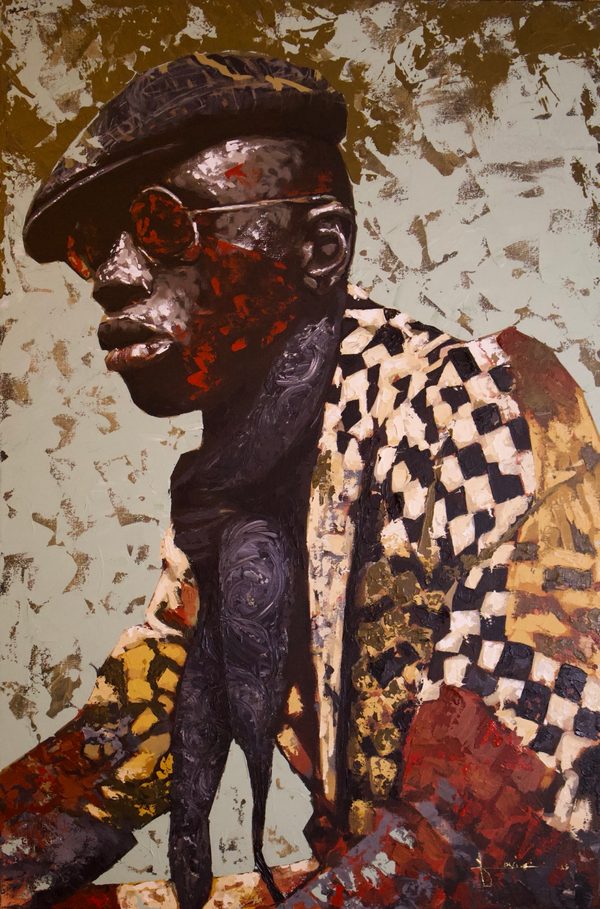Team Ascot by Levi Robinson: a painted portrait of a man in a flat cap and round glasses wearing a checked jacket, against a gold and grey ground