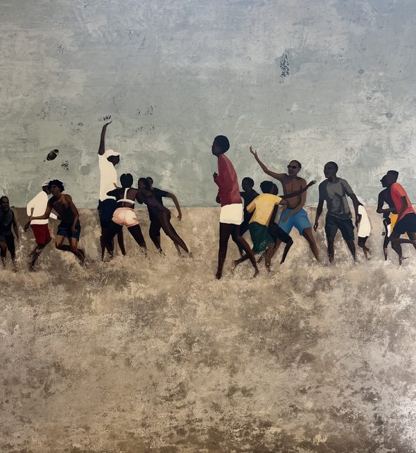 SALTWATER SAINTS by Brooke Fierce Bronner: a painting of a crowd of figures playing and leaping on a pale, weathered beach under a grey sky