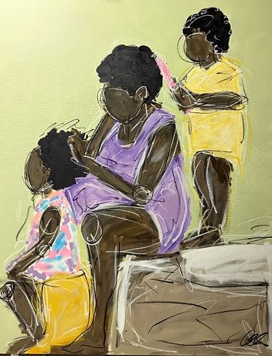 Mom Mom by Chris Simon: a woman in a purple dress sits on a bed doing a young girl’s hair while another girl in yellow stands behind her with a pink comb, on a pale green background