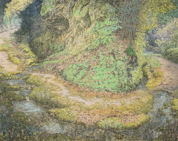 Turning Point by Tomotoshi Hoshino: a winding mossy path through a dense green forest