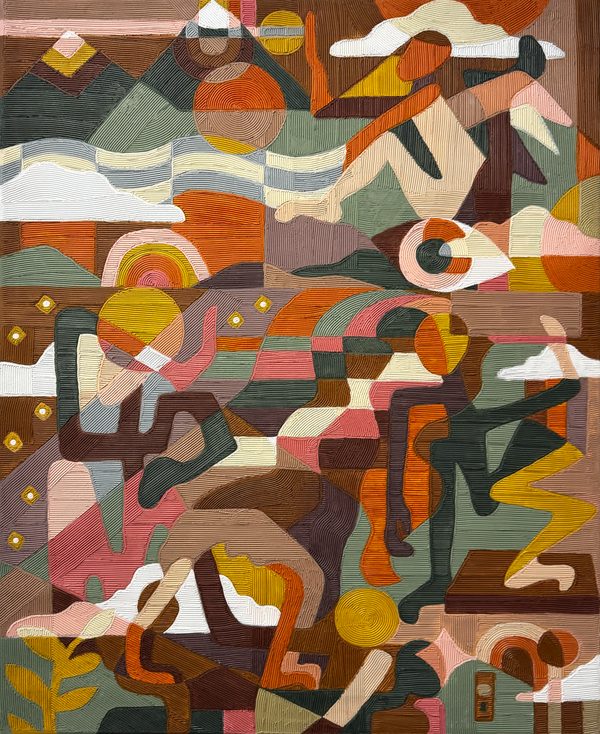 Somewhere In Between by Mary Lai: a patchwork painting of stylised mountains, clouds, suns and abstract figures in muted pinks, greens, ochres and browns